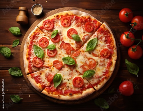 Pizza on a wooden plate topped with sliced ​​salami and green leaves. generative AI