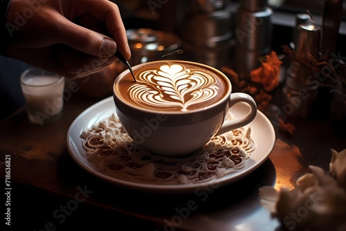 A barista expertly crafting intricate latte art in a cozy coffee shop, surrounded by the rich aroma of freshly brewed coffee.
