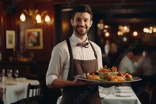 A waiter skillfully balancing a tray filled with delicious dishes, navigating through a busy restaurant, delivering exceptional service with a smile.