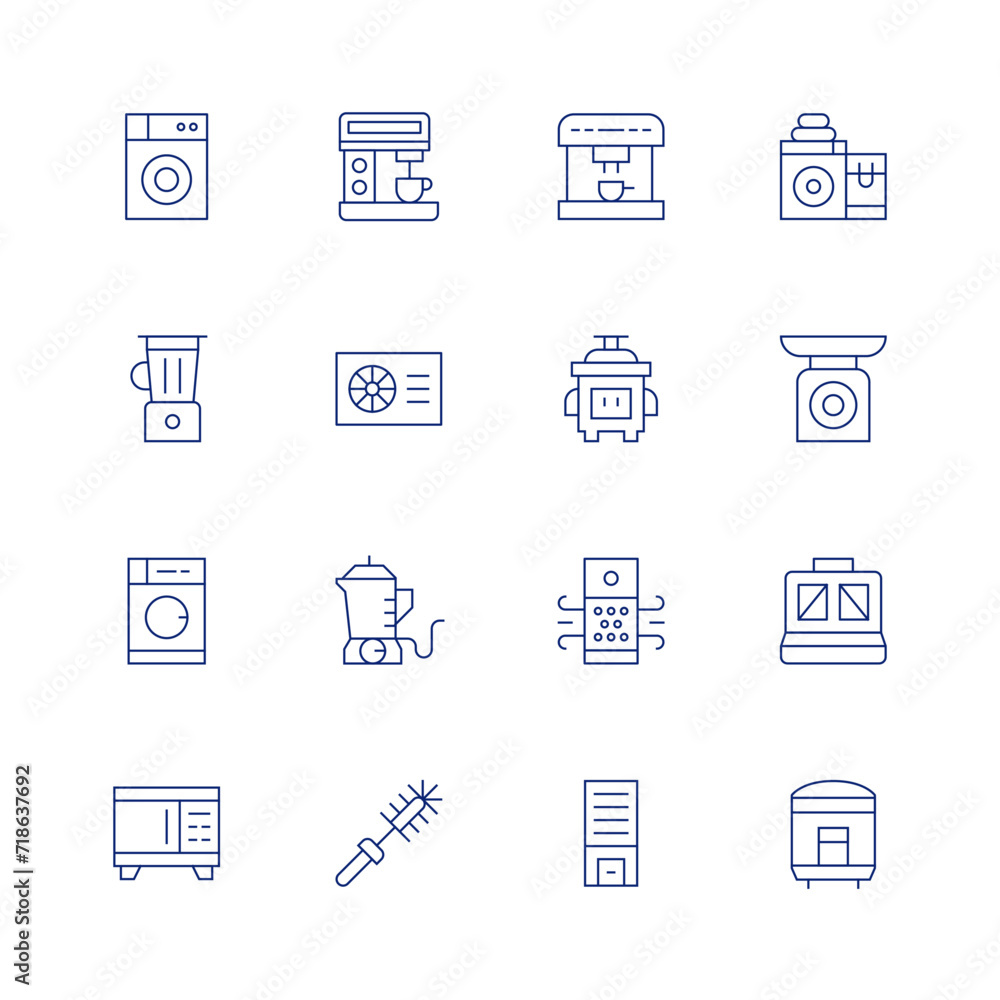 Appliances line icon set on transparent background with editable stroke. Containing washingmachine, blender, microwave, coffeemaker, heatpump, brush, coffeemachine, ricecooker, airpurifier, laundry.