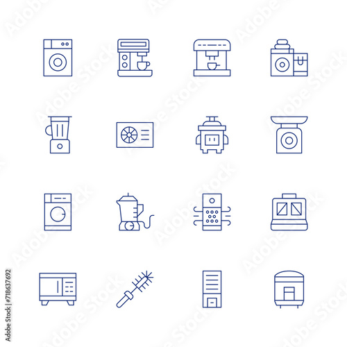 Appliances line icon set on transparent background with editable stroke. Containing washingmachine, blender, microwave, coffeemaker, heatpump, brush, coffeemachine, ricecooker, airpurifier, laundry.