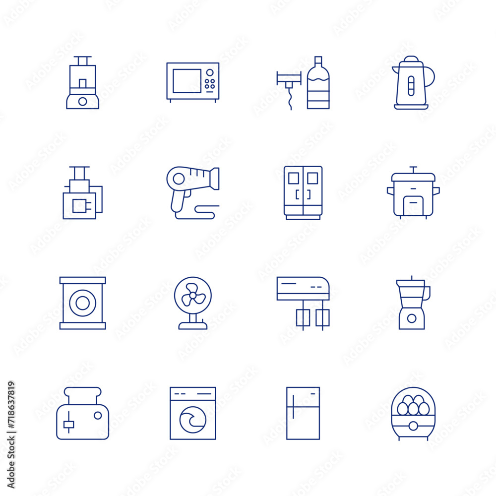 Appliances line icon set on transparent background with editable stroke. Containing homeappliances, oven, washingmachine, fan, toaster, microwave, hairdryer, wineopener, fridge, mixer, electrickettle.