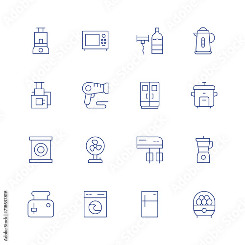 Appliances line icon set on transparent background with editable stroke. Containing homeappliances, oven, washingmachine, fan, toaster, microwave, hairdryer, wineopener, fridge, mixer, electrickettle.