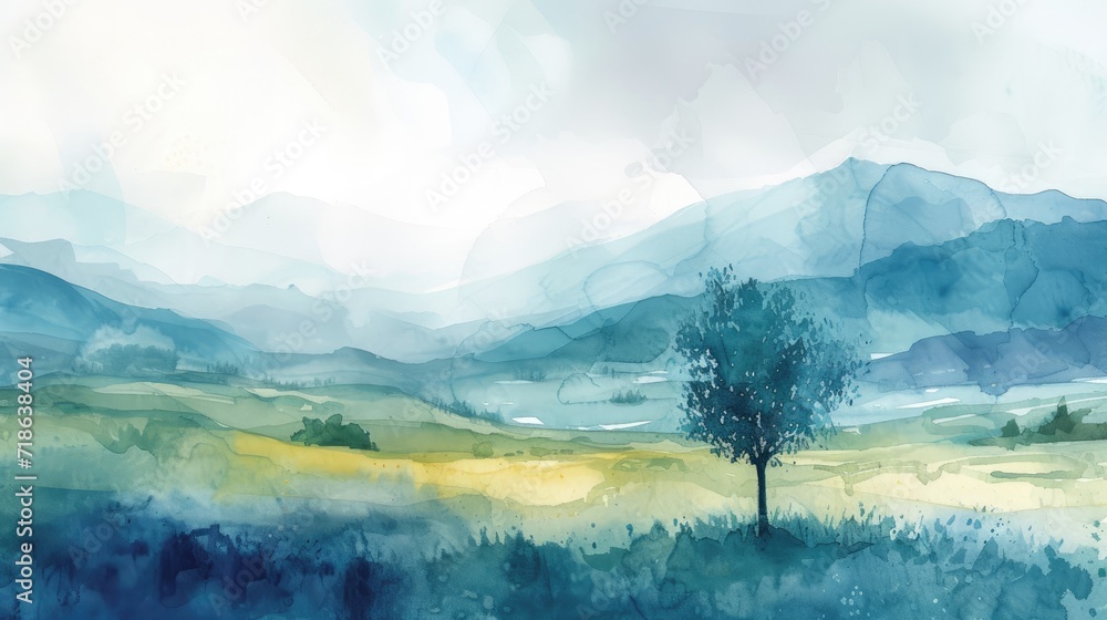 minimalist watercolor painting of Spring panoramic landscape