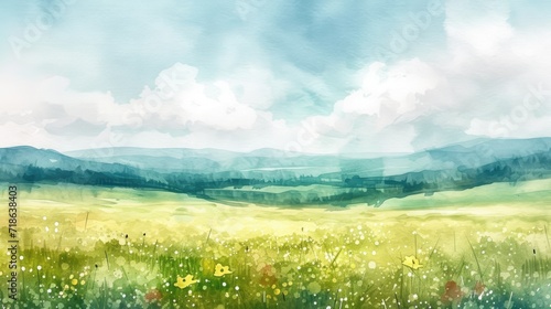 Fototapeta Naklejka Na Ścianę i Meble -  minimalist watercolor painting of Spring panoramic landscape