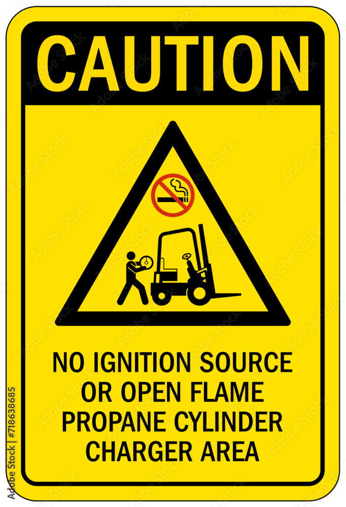 Truck warning sign and labels no ignition source or open flame propane cylinder charger area Truck warning sign and labels no ignition source or open flame propane cylinder charger area