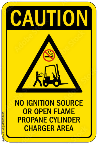 Truck warning sign and labels no ignition source or open flame propane cylinder charger area
