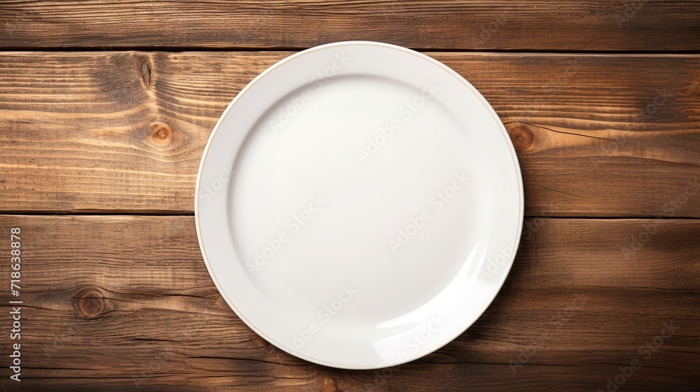 White Empty Plate on a wooden board. generative AI White Empty Plate on a wooden board. generative AI