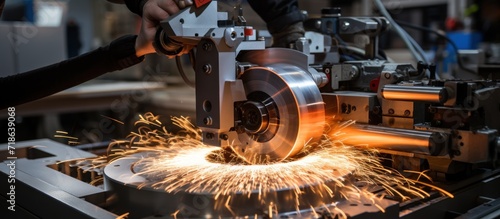 Industrial worker cutting metal with angle grinder in the factory.