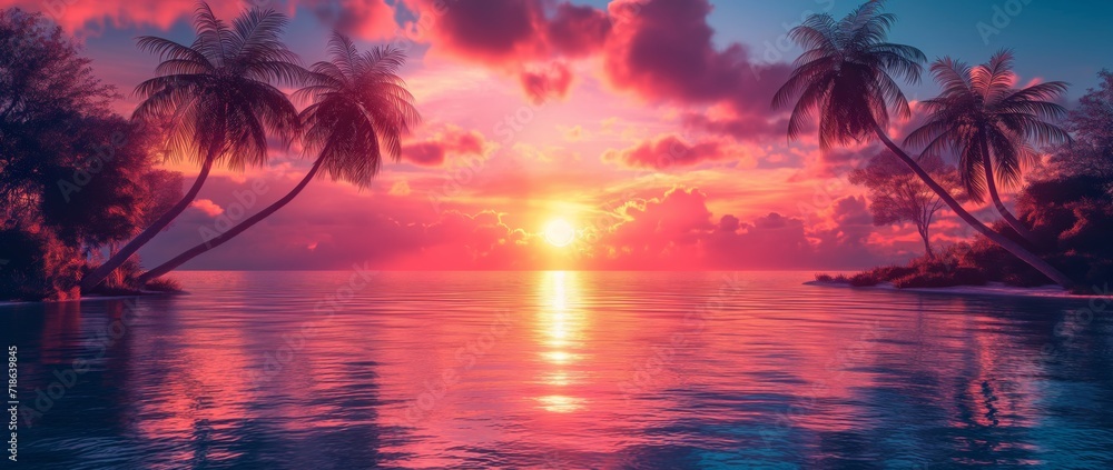 Beautiful Palms and Ocean at Sunset created with Generative AI Technology, ai, generative