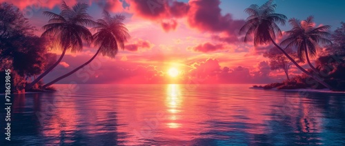 Beautiful Palms and Ocean at Sunset created with Generative AI Technology  ai  generative