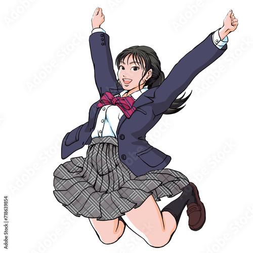 バンザイポーズでジャンプする女子高生_顔正面向き_ブレザー