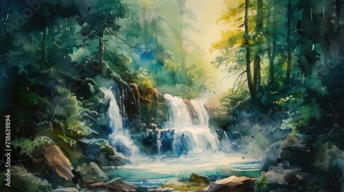watercolor painting of deep forest waterfall