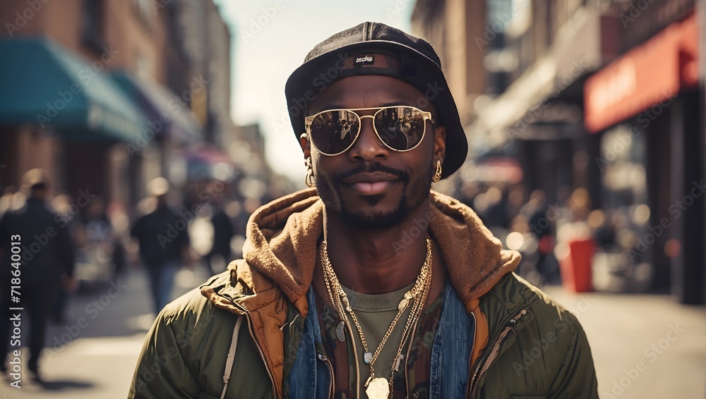portrait of an African American rapper on the street portrait of an African American rapper on the street