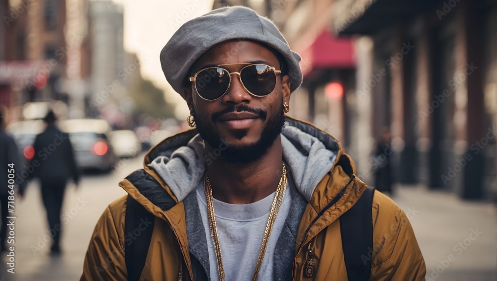 portrait of an African American rapper on the street portrait of an African American rapper on the street