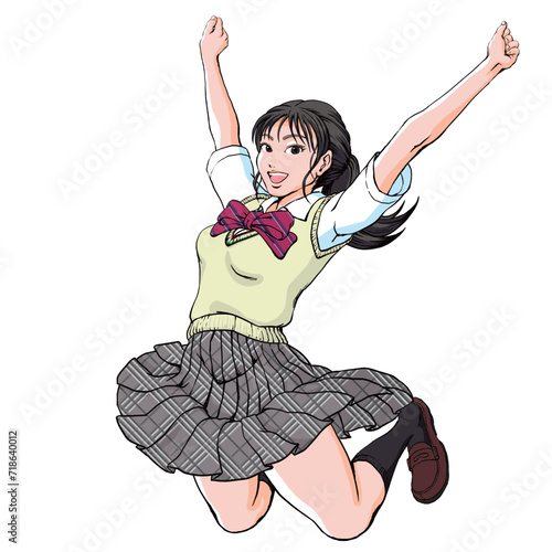バンザイポーズでジャンプする女子高生_顔正面向き_ベスト
