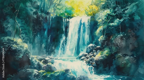 watercolor painting of deep forest waterfall © fledermausstudio