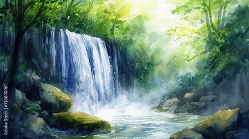 watercolor painting of deep forest waterfall photo
