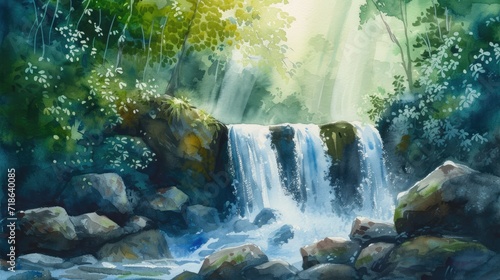 watercolor painting of deep forest waterfall