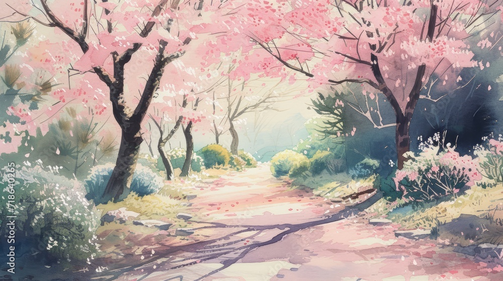 vintage watercolor painting of Cherry Blossom Pathway