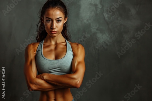 Confident female athlete with crossed arms standing against a textured grey background, showcasing fitness and determination. © Уляна Боднар