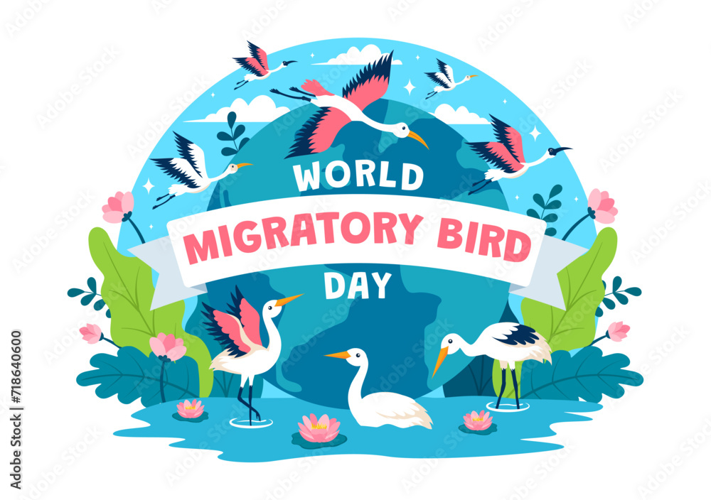 World Migratory Bird Day Vector Illustration with Birds Migrations Groups and Their Habitats for Living Aquatic Ecosystems in Flat Cartoon Background