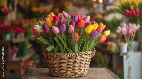 Colorful tulips in basket on wooden table in flower shop.