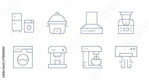 Appliances icons. Editable stroke. Containing homeappliance, washingmachine, ricecooker, coffeemachine, kitchenhood, mixer, robot, cooler.