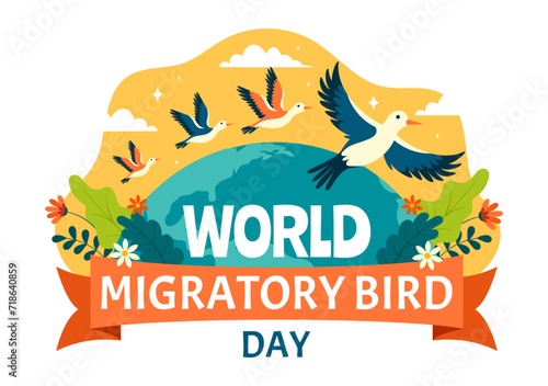 World Migratory Bird Day Vector Illustration with Birds Migrations Groups and Their Habitats for Living Aquatic Ecosystems in Flat Cartoon Background