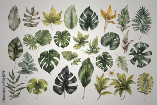 Collection of tropical leaves on grey background. Tropical leaves on a calm grey backdrop