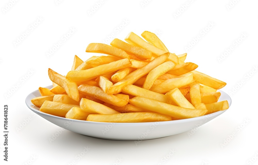 Stack of French fries in photo on white Background. generative AI Stack of French fries in photo on white Background. generative AI