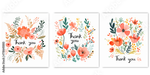 Set of Thank you cards in Scandinavian letters and flowers on a transparent background for various greeting card and design concepts.