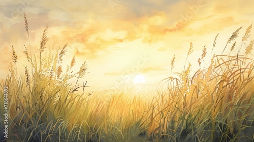 watercolor painting of sunset in the reeds and meadow © fledermausstudio