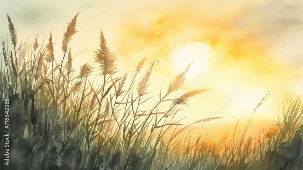 watercolor painting of sunset in the reeds and meadow watercolor painting of sunset in the reeds and meadow