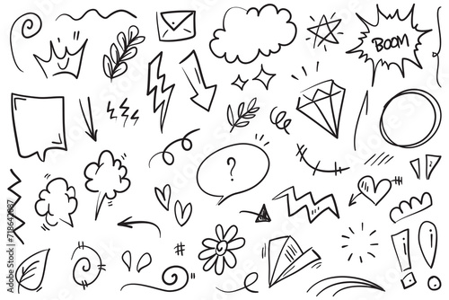 Vector set of hand-drawn cartoony expression sign doodle  curve directional arrows  emoticon effects design elements  cartoon character emotion symbols  cute decorative brush stroke lines.