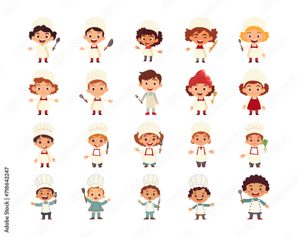 Set of children cook vector illustration. Little chef vector illustration collection design Set of children cook vector illustration. Little chef vector illustration collection design