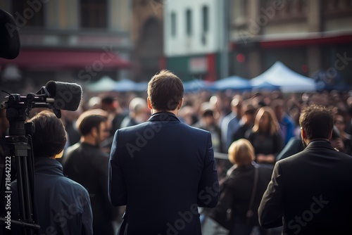 A news reporter conducting an interview in a bustling city square. photo