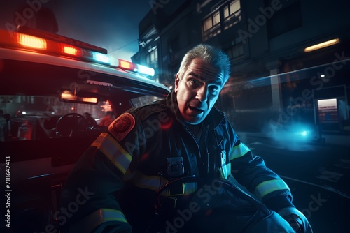 A paramedic rushing to an emergency in an ambulance with flashing lights.