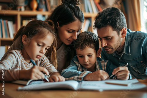Parents helping their children with homework at a desk