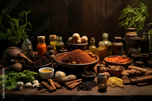 Spices and herbs for cooking in composition on the old background. © Creative Laik