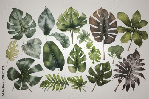 Collection of tropical leaves on grey background. Assorted leaves on a soothing grey backdrop