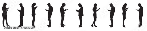 Set of people silhouettes on a transparent isolated background. Young people use gadgets, phones, smartphones.