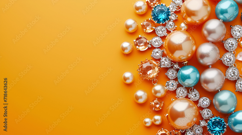 Beautiful jewelry with precious stones for women on orange background, copy space, generative ai