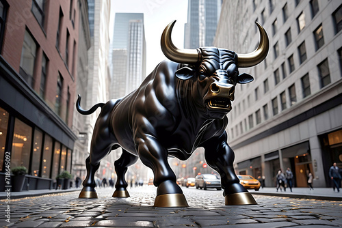 A fierce black bull brass statue on a cobbled sidewalk at a financial district city center. Concept for bullish sentiments, strong economic conditions, rising corporate earnings and stock market rally