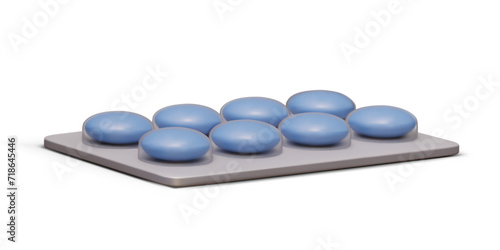 Plastic realistic blister with round blue pills on white background. Painkiller, antibiotics pharmacy concept. Medicine concept. Vector illustration in 3d style