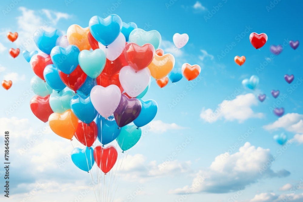multi-colored heart-shaped balloons fly in the blue sky with white clouds. concept for Valentine, March 8, Valentine's Day, Birthday. multi-colored heart-shaped balloons fly in the blue sky with white clouds. concept for Valentine, March 8, Valentine's Day, Birthday.