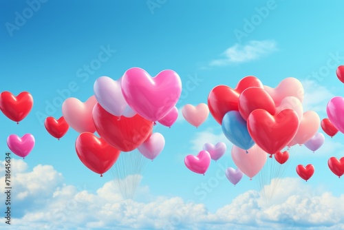 multi-colored heart-shaped balloons fly in the blue sky with white clouds. concept for Valentine, March 8, Valentine's Day, Birthday.