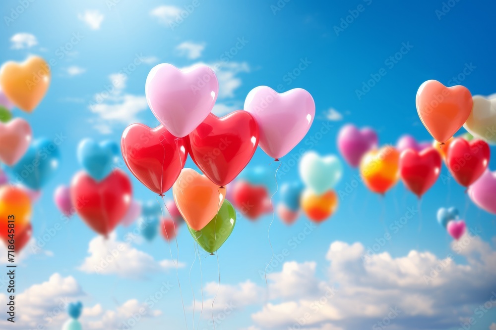 multi-colored heart-shaped balloons fly in the blue sky with white clouds. concept for Valentine, March 8, Valentine's Day, Birthday. multi-colored heart-shaped balloons fly in the blue sky with white clouds. concept for Valentine, March 8, Valentine's Day, Birthday.