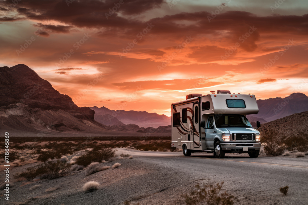 A Recreational Vehicle Camper van parked in a desert landscape at sunset A Recreational Vehicle Camper van parked in a desert landscape at sunset