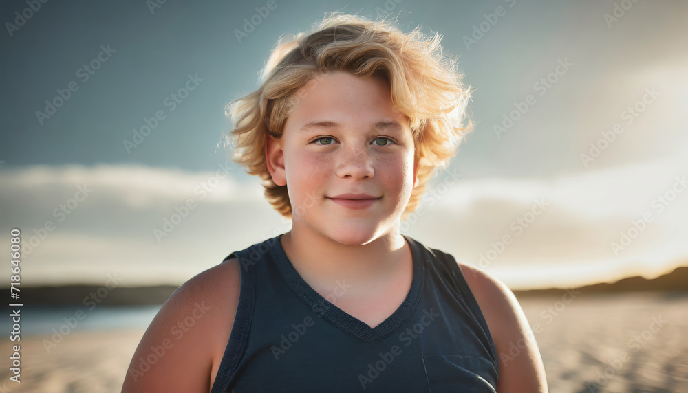 Close-up portrait of a blond-haired, full-bodied boy on the beach. Close-up portrait of a blond-haired, full-bodied boy on the beach.